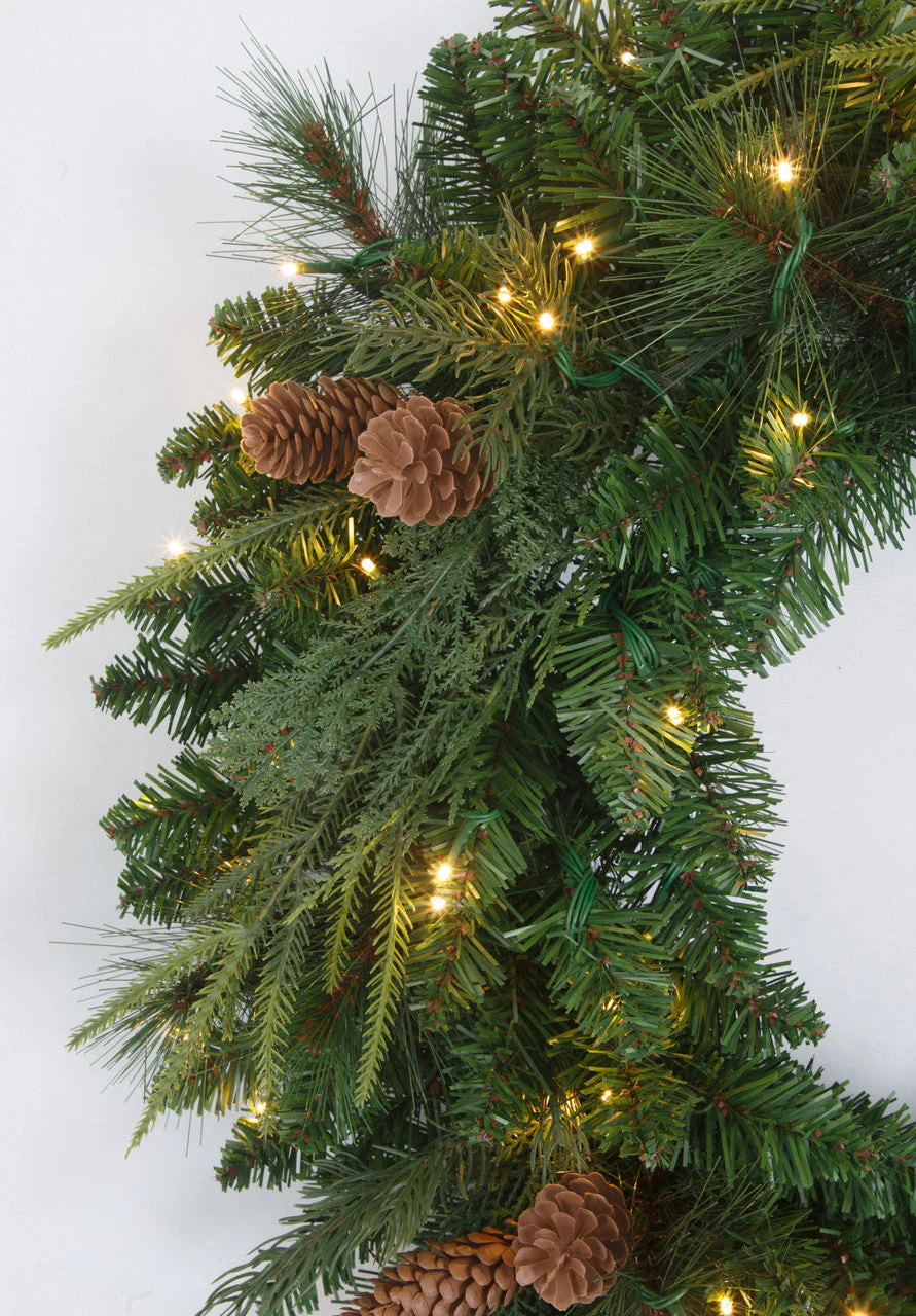 48" PE Artificial Marquett Pine & Pinecone Wreath, Micro LED Pre-Lit -Green - Image 2