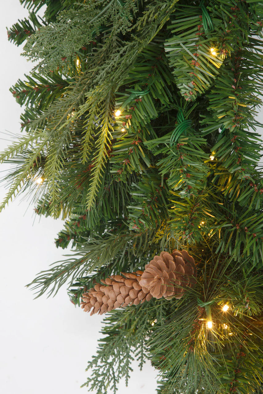 48" PE Artificial Marquett Pine & Pinecone Wreath, Micro LED Pre-Lit -Green - Image 3