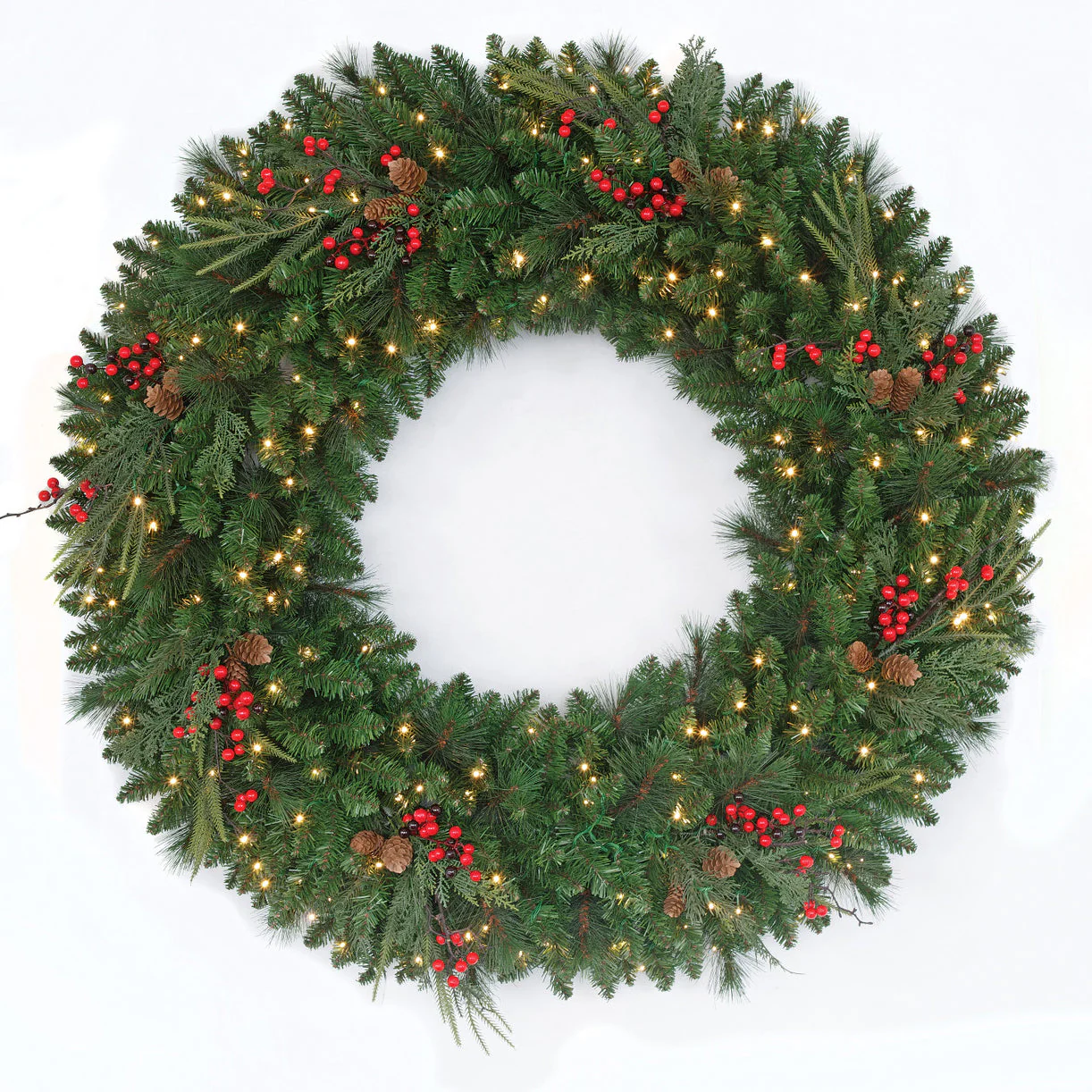 48" PE Artificial Red Lodge Mixed Pine Wreath, Micro LED Pre-Lit -Green/Red