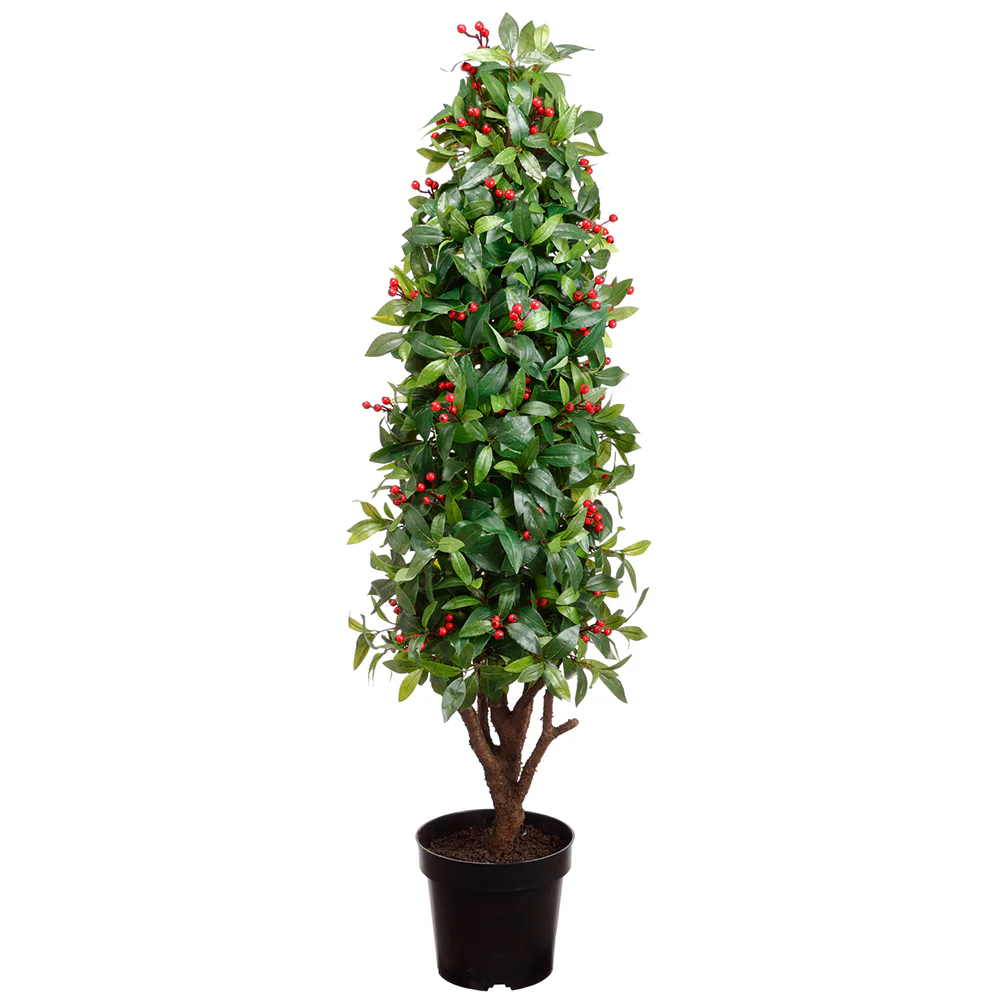 4'9" Laurel Leaf & Berry Cone-Shaped Artificial Topiary w/Pot -Green/Red