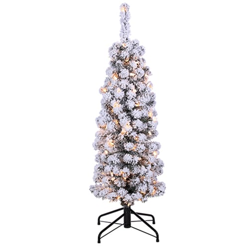 4'Hx15"W Flocked Tower Artificial Christmas Tree, Pre-Lit -Snow
