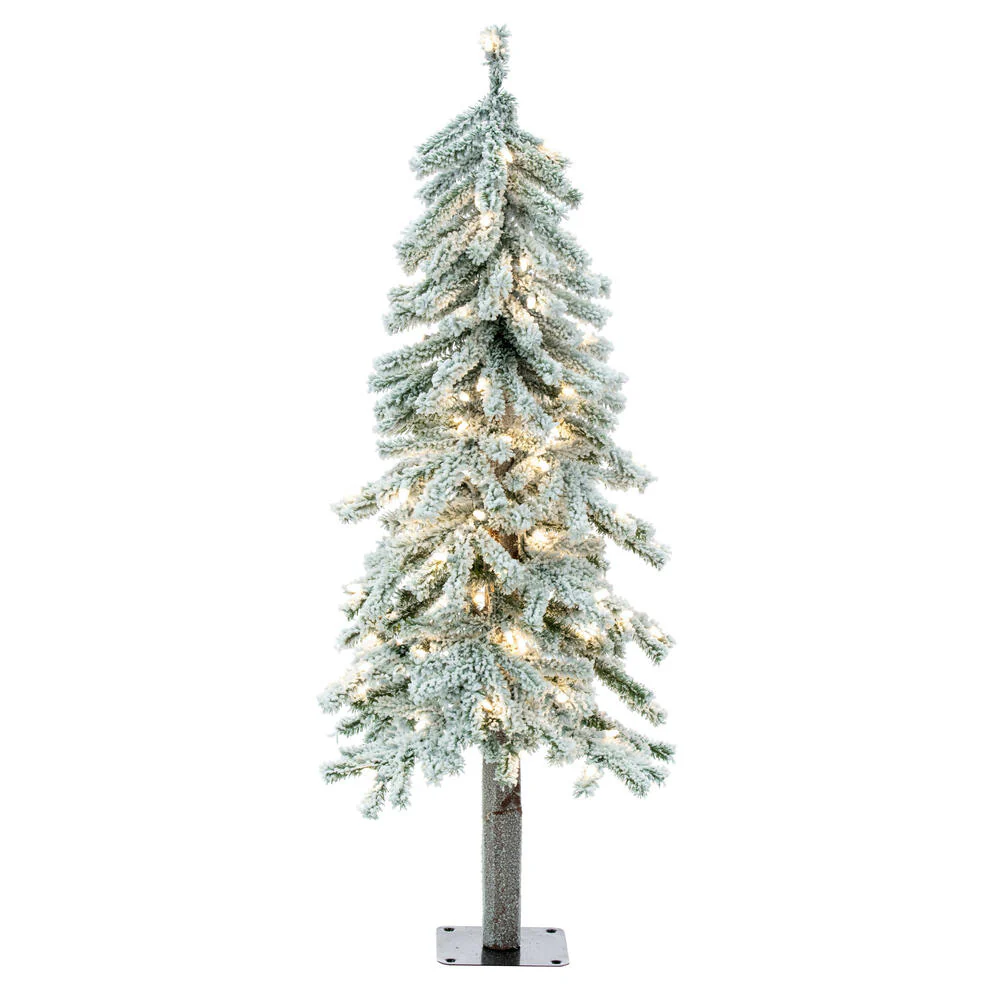 4'Hx23"W Flocked Natural Trunk Alpine Artificial Christmas Tree, LED Pre-Lit -White/Green
