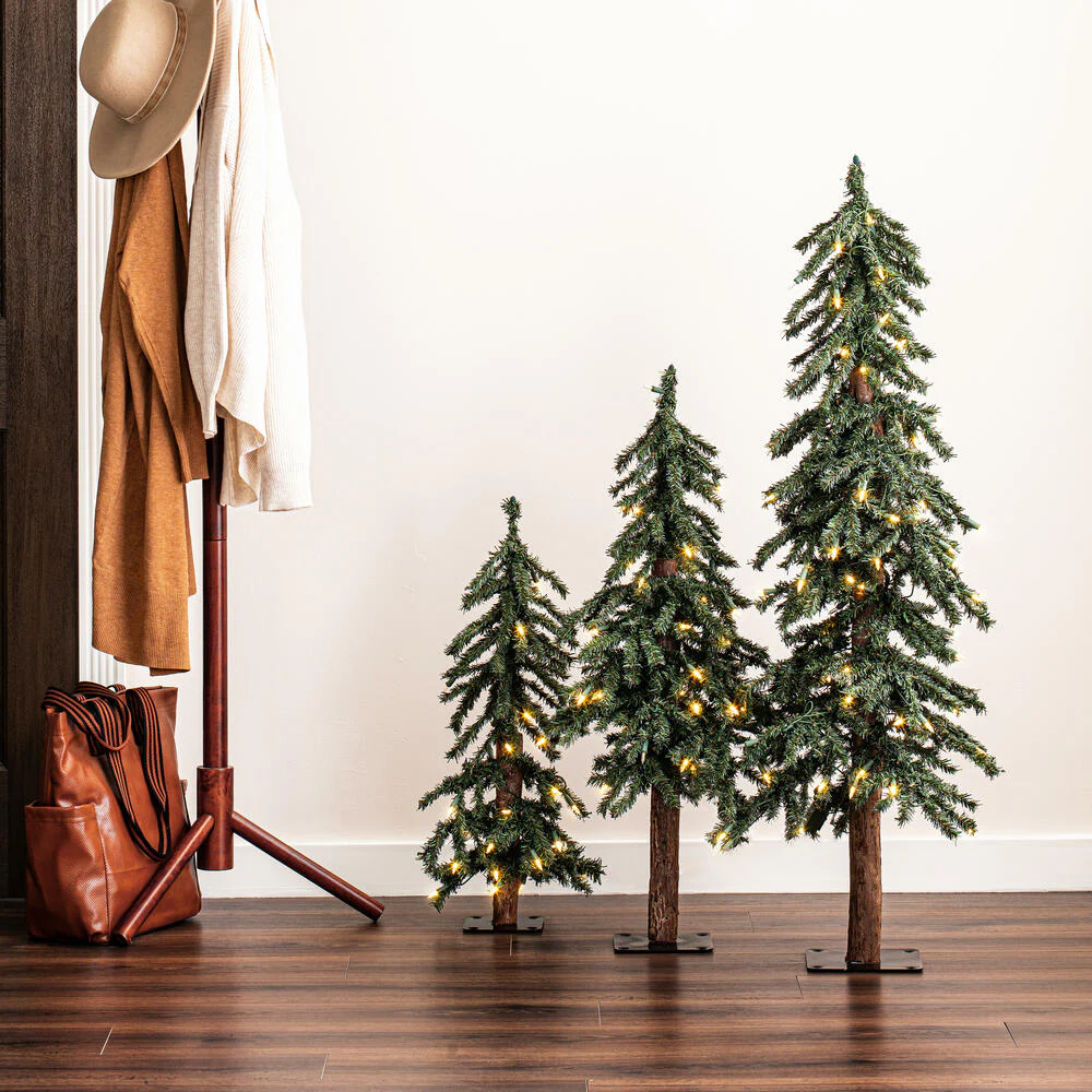 4'Hx25"W Set Of Natural Trunk With Bark Alpine Artificial Christmas Trees, LED Pre-Lit -Green