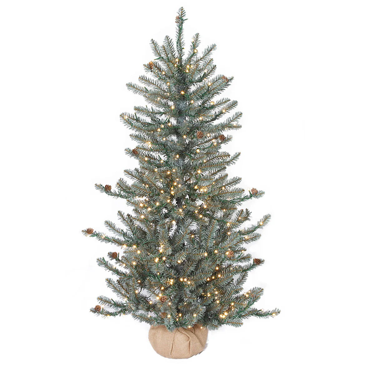4'Hx29"W PE Blue Fir & Pinecone Artificial Christmas Tree w/Burlap Base, Micro LED Pre-Lit -Green/Blue