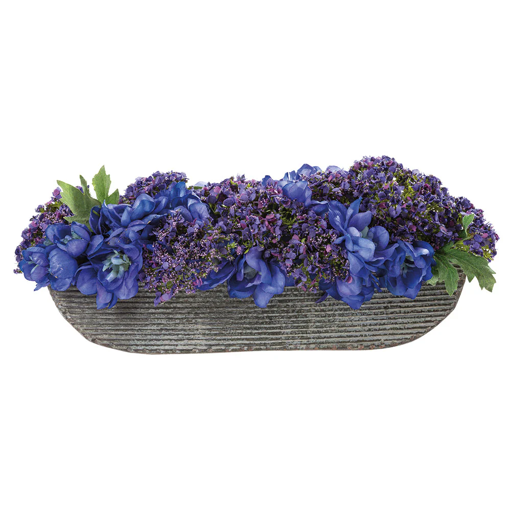 5.5"Hx14"W Queen Anne Lace & Delphinium Silk Flower Arrangement w/Metal Oval Container -Purple/Blue