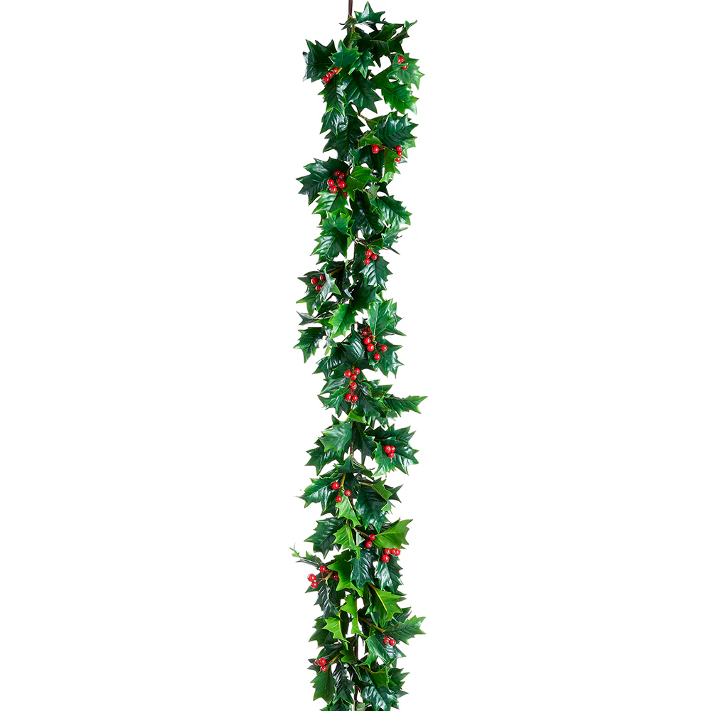 5' Artificial Holly Leaf Garland -Green/Red (Pack of 4)