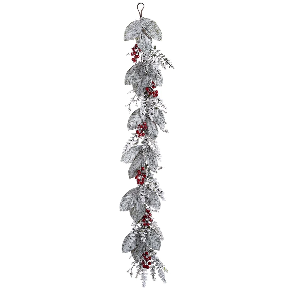5' Flocked Artificial Magnolia Leaf & Berry Garland -Green/White (Pack of 4)