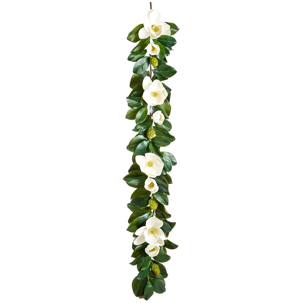 5' Magnolia Flower Artificial Garland -White/Green (Pack of 4)