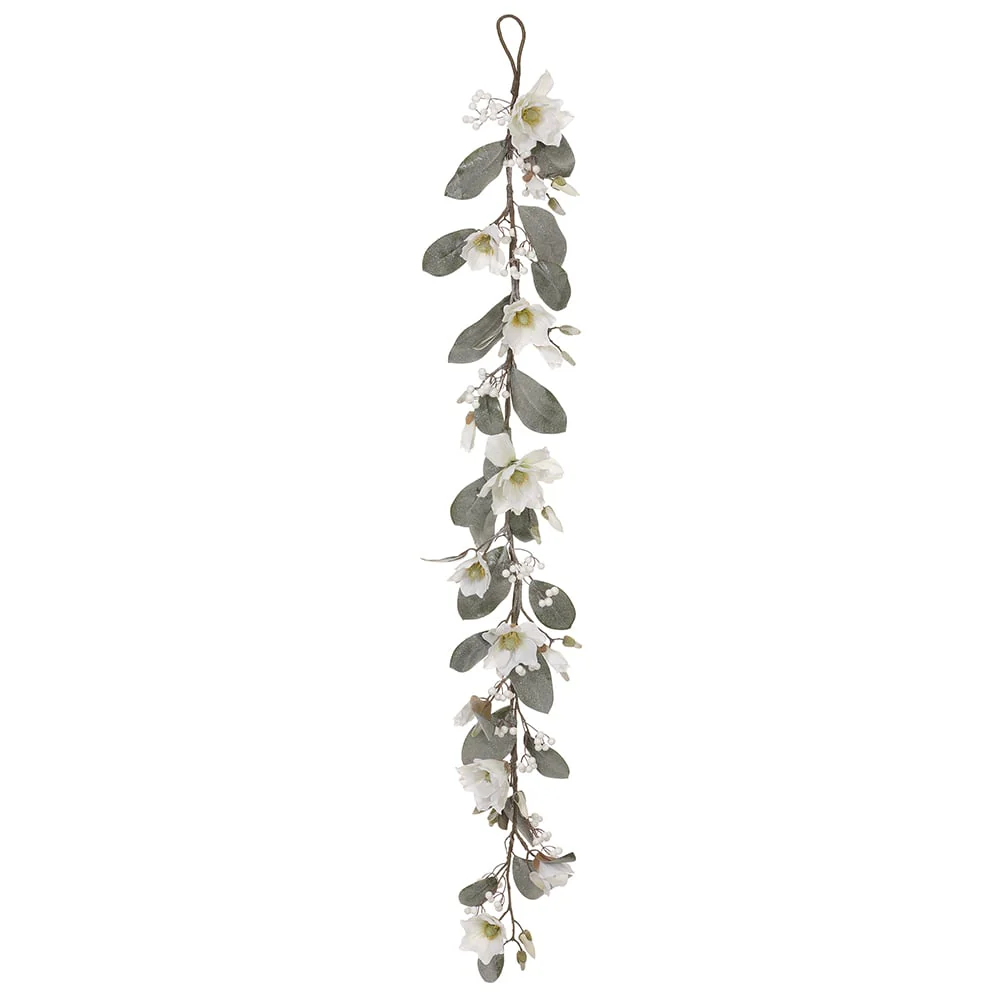 5'11" Glittered Magnolia Flower & Berry Artificial Garland -White (Pack of 4)