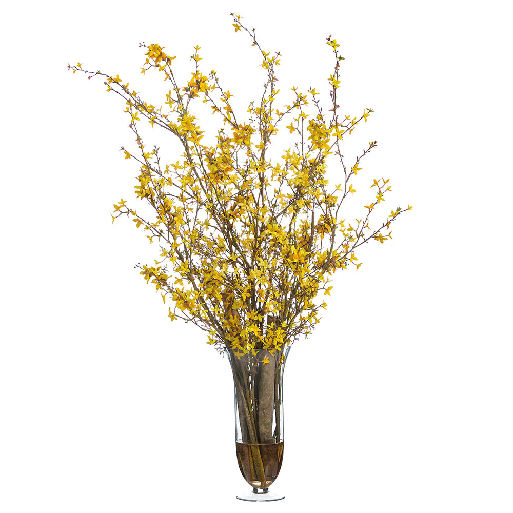 53"Hx25"W Forsythia Branch Silk Flower Arrangement w/Glass Vase -Yellow
