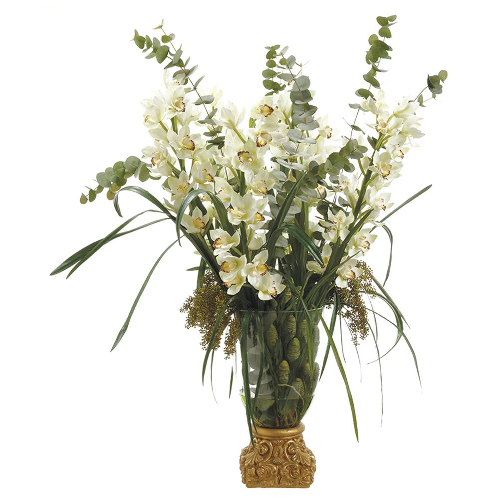 53"Hx42"W Silk Cymbidium Orchid Flower & Sedum Arrangement w/Gold Vase -Cream/Green