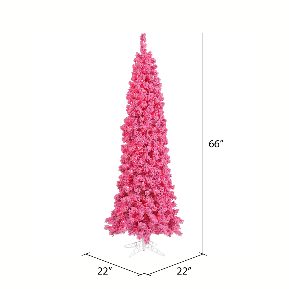 5'6"Hx22"W Flocked Pencil Fir Artificial Christmas Tree, LED Pre-Lit (Pink) -Pink - Image 2