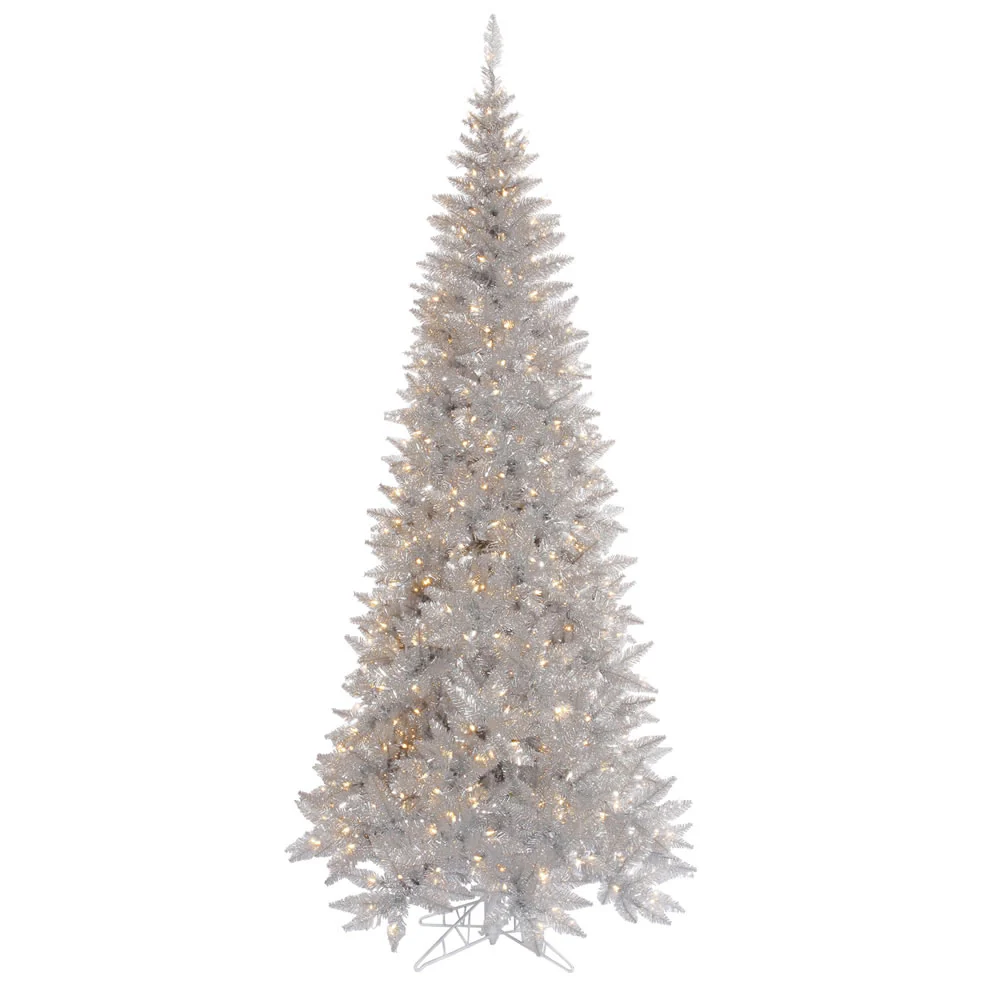 5'6"Hx30"W Tinsel Slim Fir Artificial Christmas Tree, LED Pre-Lit -Silver