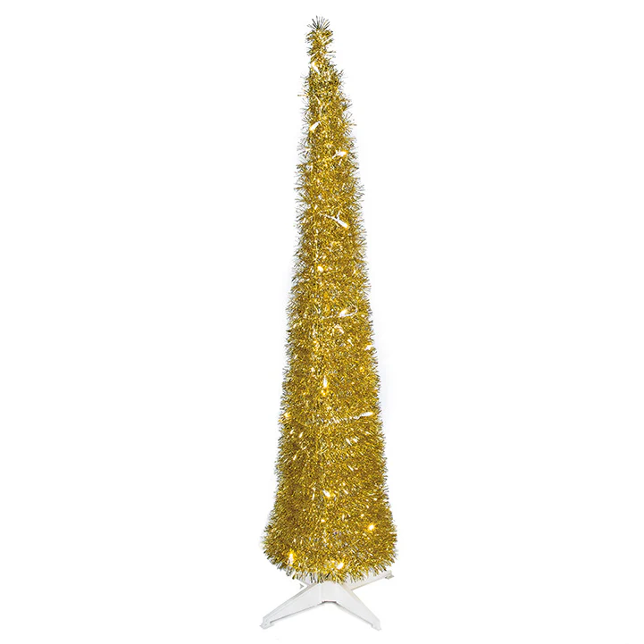 5'Hx12"W Tinsel Pop Up Artificial Christmas Tree, LED Pre-Lit -Gold