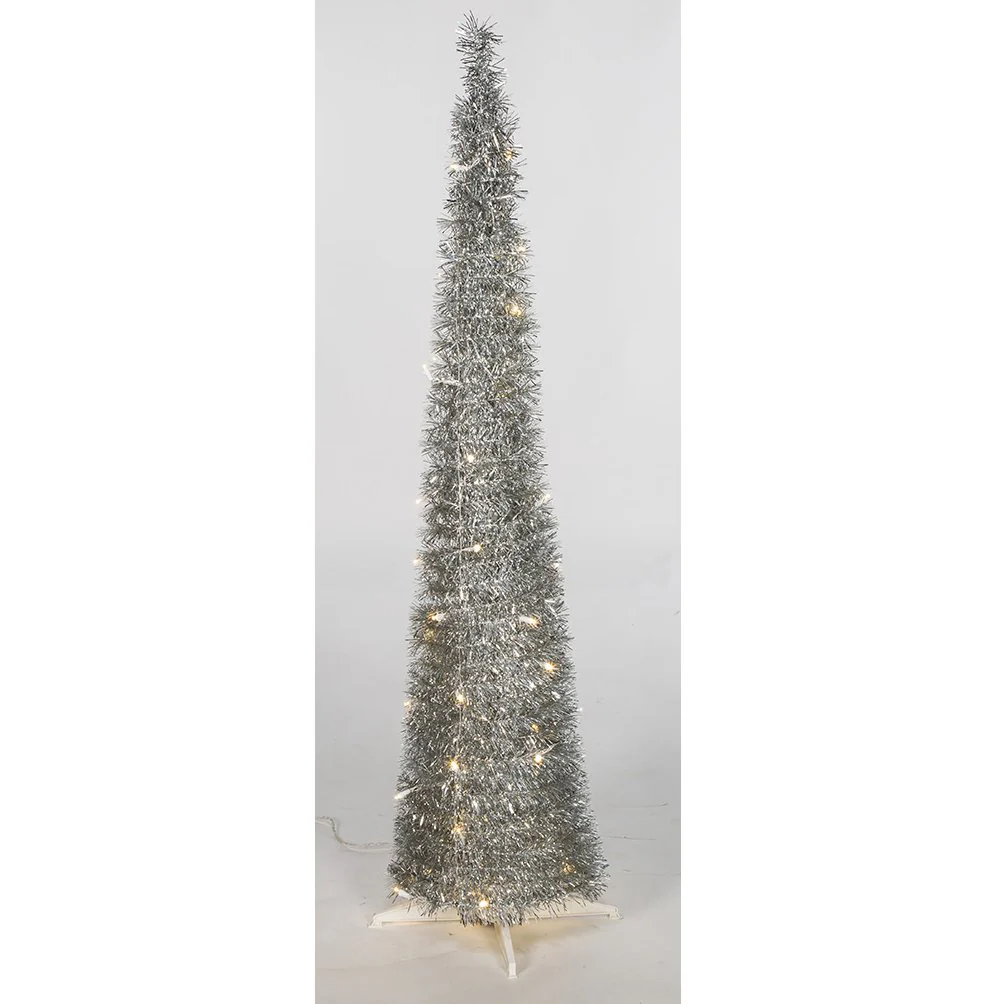 5'Hx12"W Tinsel Pop Up Artificial Christmas Tree, LED Pre-Lit -Silver