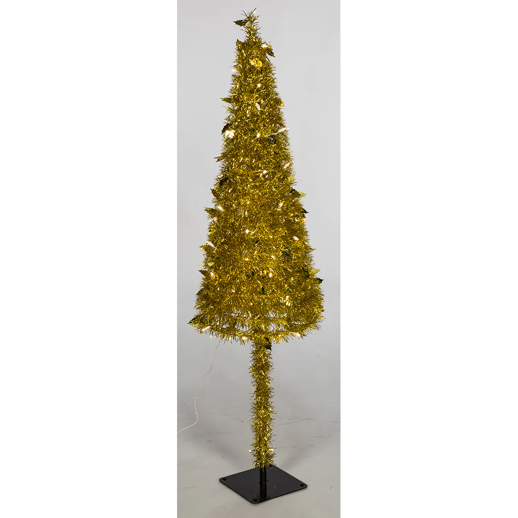 5'Hx15"W Tinsel & Foil Holly Leaves Pop Up Artificial Christmas Tree, LED Pre-Lit -Gold