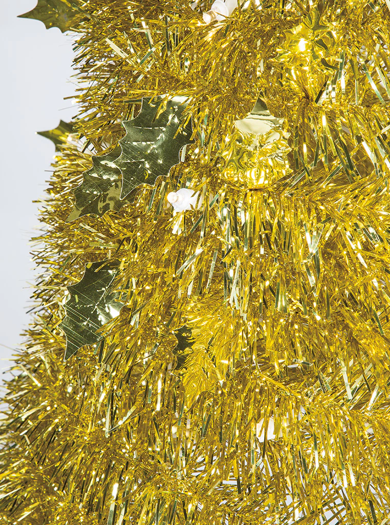 5'Hx15"W Tinsel & Foil Holly Leaves Pop Up Artificial Christmas Tree, LED Pre-Lit -Gold - Image 2