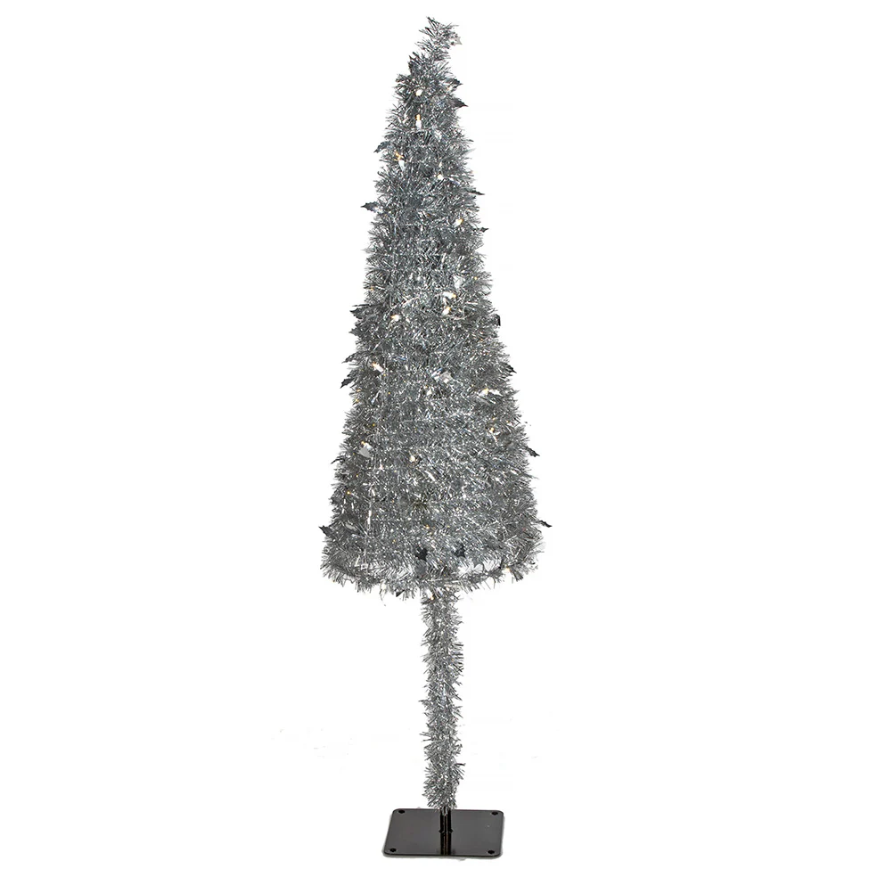 5'Hx15"W Tinsel & Foil Holly Leaves Pop Up Artificial Christmas Tree, LED Pre-Lit -Silver
