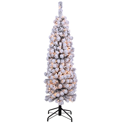 5'Hx16"W Flocked Tower Artificial Christmas Tree, Pre-Lit -Snow