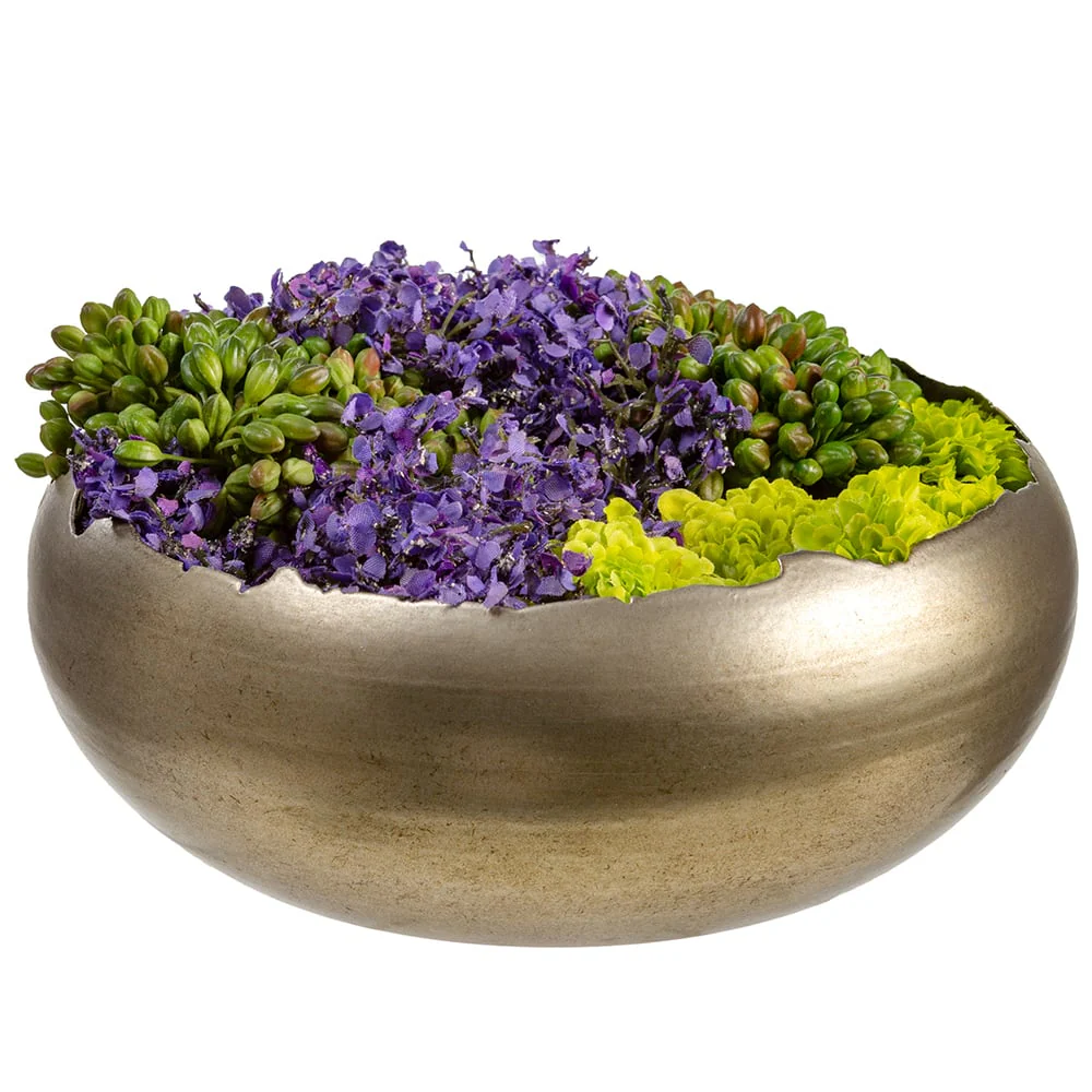 5"Hx8.5"W Berry, Statice & Pompon Silk Flower Arrangement w/Metal Bowl -Green/Purple