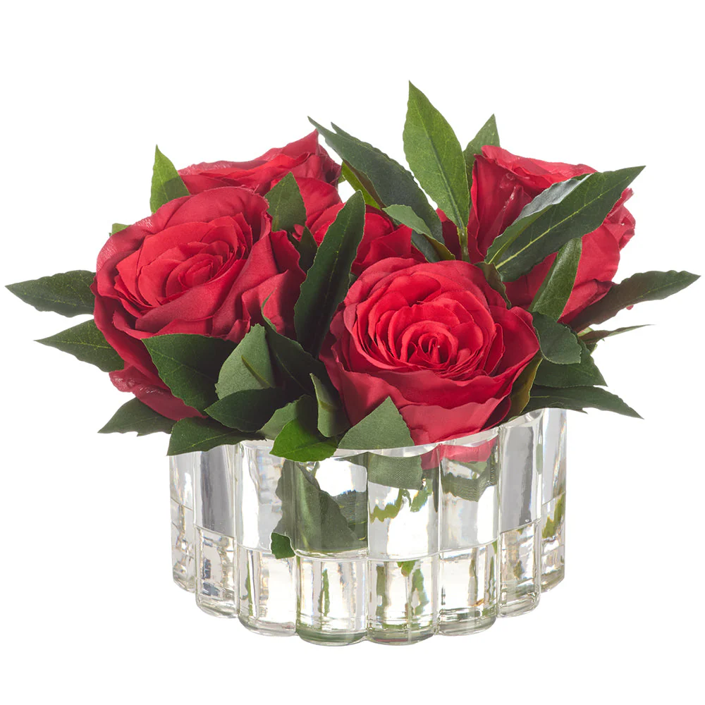 6.5"Hx10.5"W Rose Silk Flower Arrangement w/Ribbed Glass Vase -Red