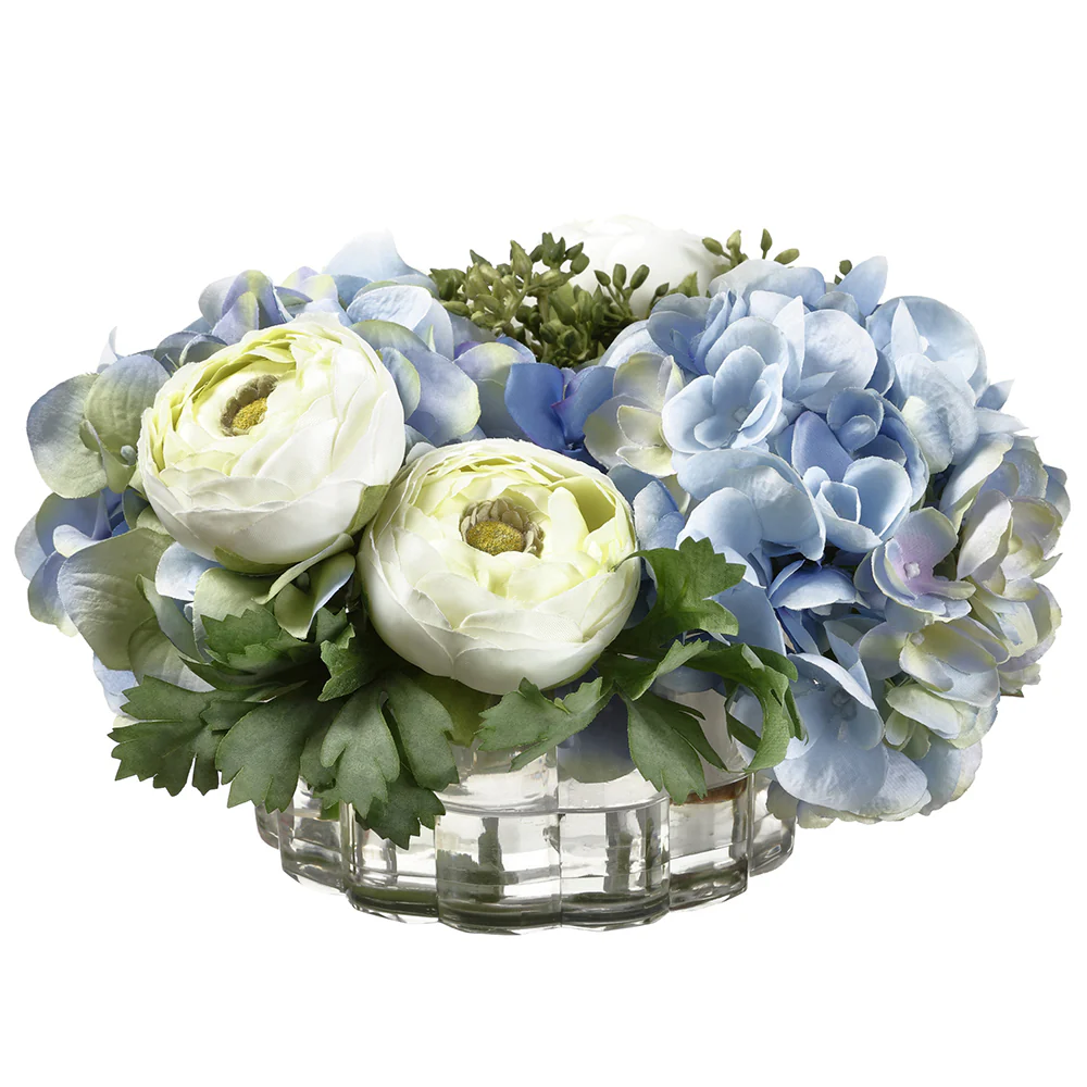 6.5"Hx10"W Silk Hydrangea & Ranunculus Flower Arrangement w/Ribbed Glass Vase -Blue/Green