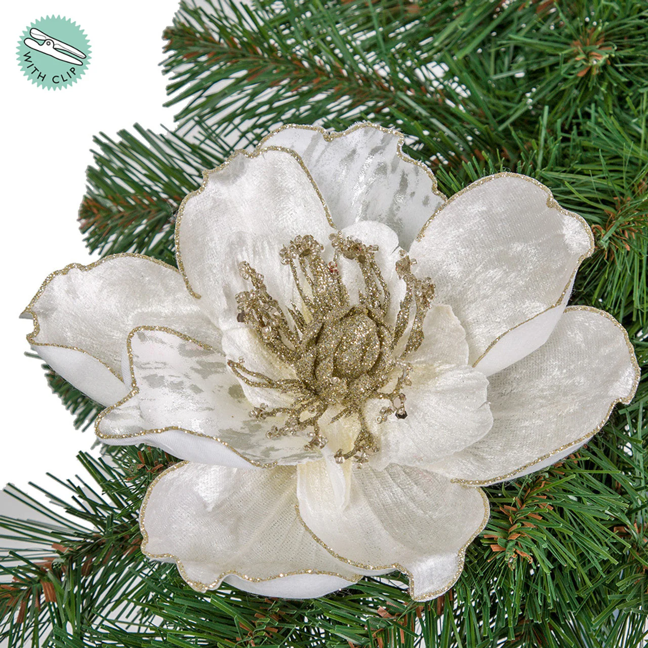6" Artificial Magnolia With Glittered Trim Clip-On Velvet Flower -Cream/Gold (Pack of 12)