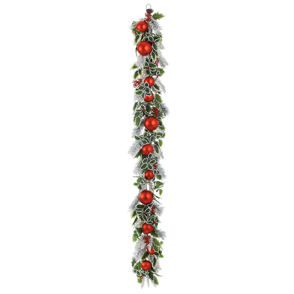 6' Flocked Holly, Ball & Pine Artificial Garland -Red/Green (Pack of 4)