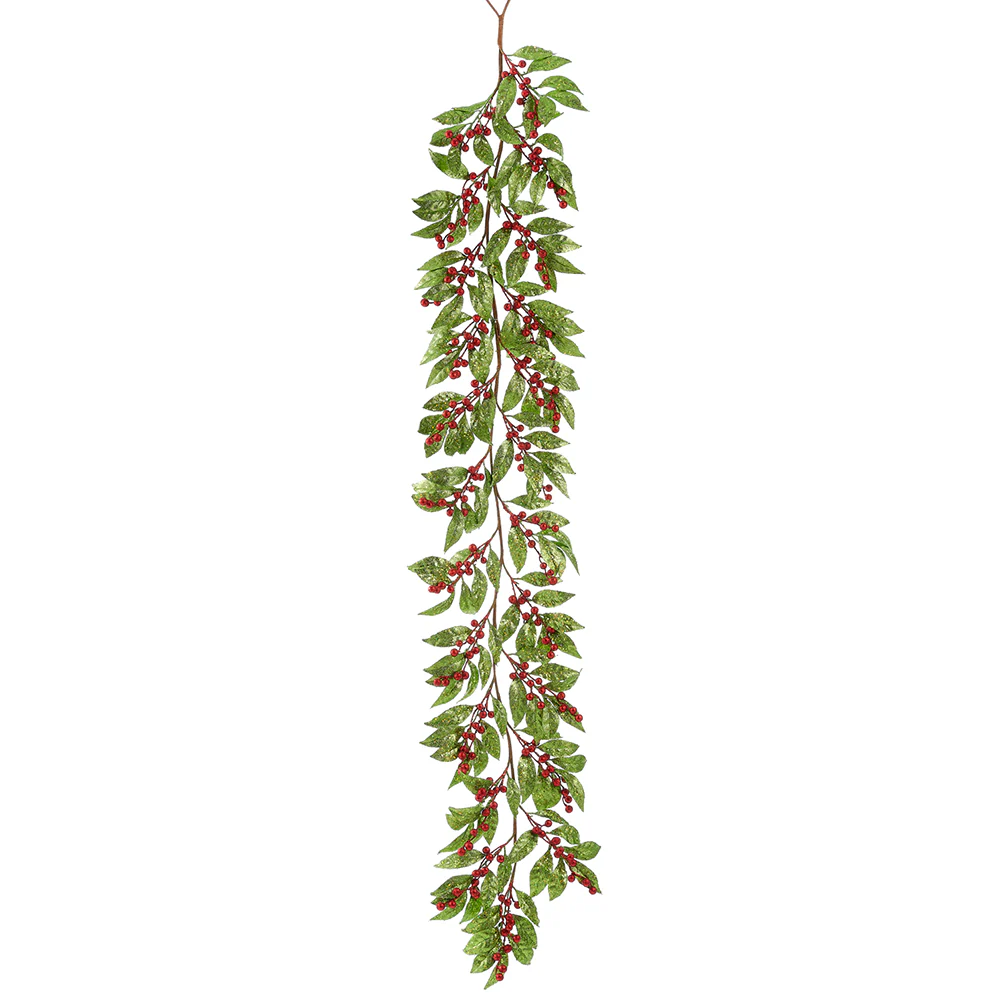 6' Glittered Artificial Berry Leaf Garland -Red/Green (Pack of 6)