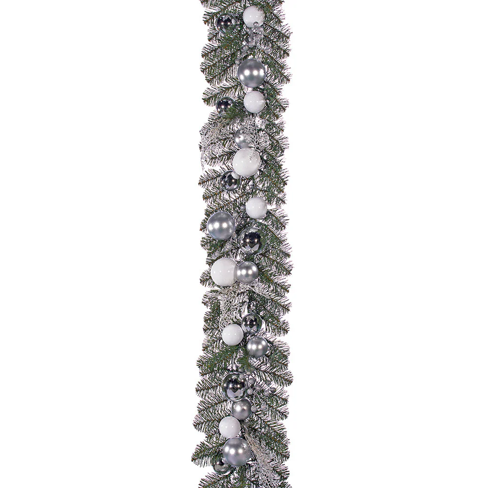 6' Glittered Ball, Berry, Fern & Pine Artificial Garland -Silver/White (Pack of 2)