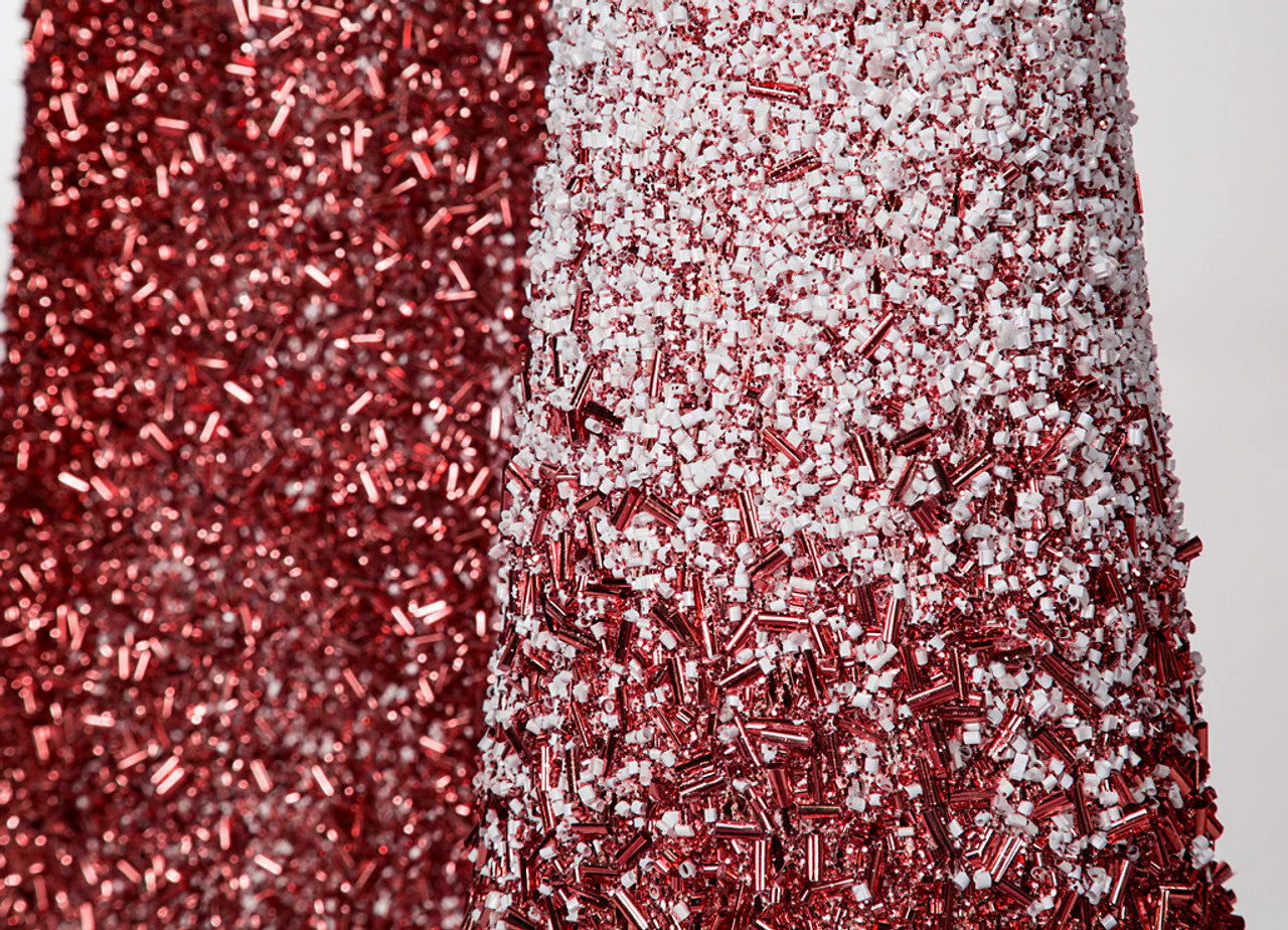 6' Glittered & Beaded Ombre Cone Tree -Red/White - Image 2