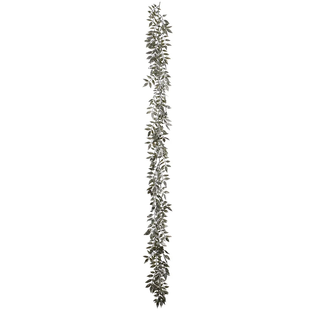 6' Glittered Smilax Leaf Artificial Garland -Green/Platinum (Pack of 6)
