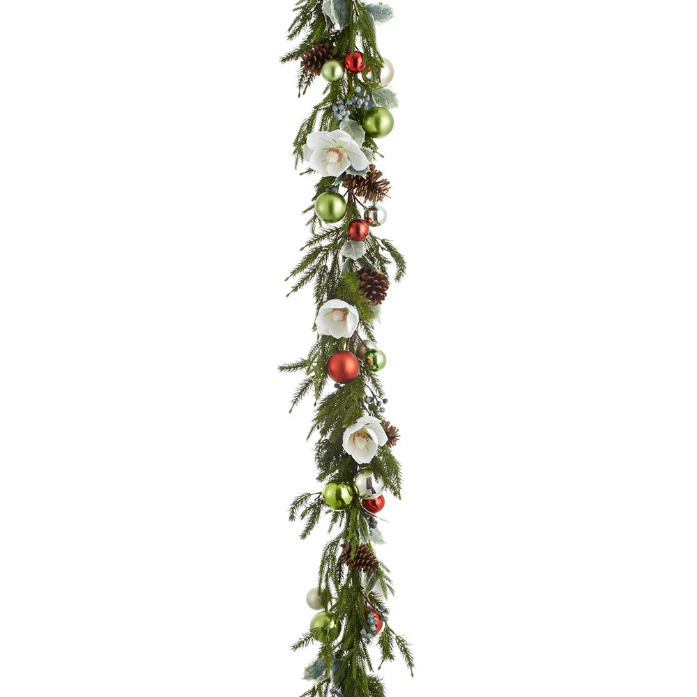 6' Magnolia Flower, Holly, Ball & Pine Artificial Garland -Mixed White (Pack of 2)