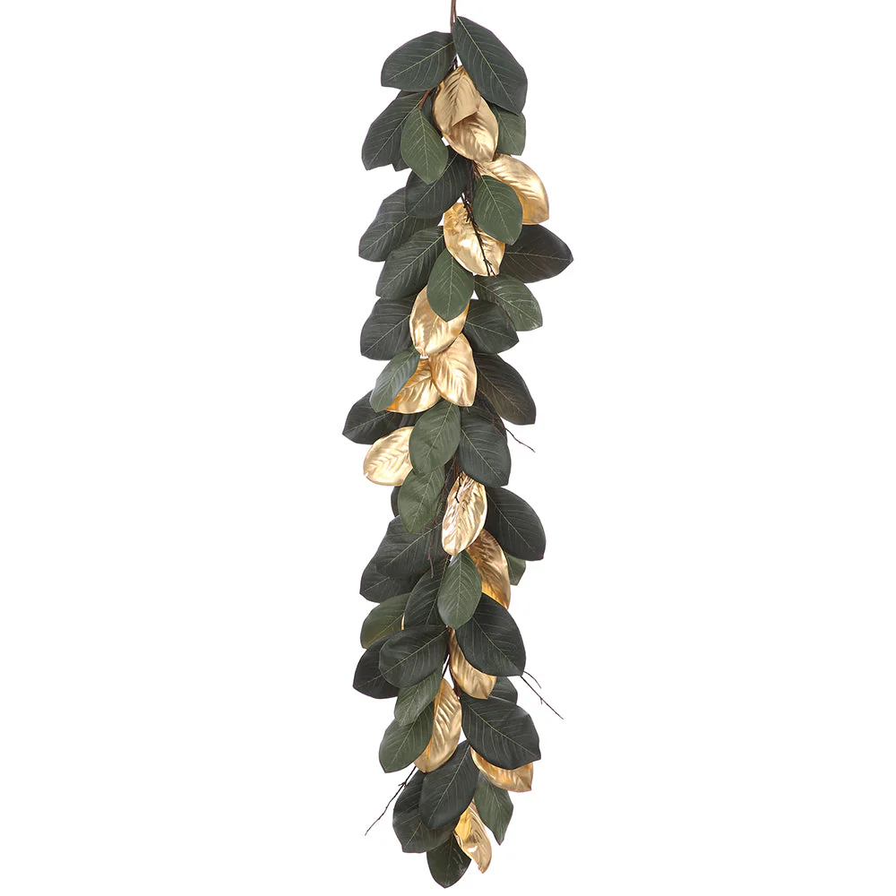 6' Magnolia Leaf Artificial Garland -Green/Gold (Pack of 2)