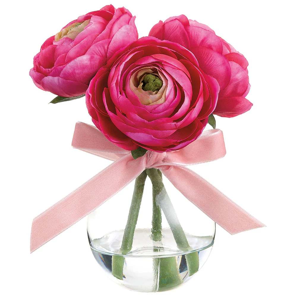 6" Ranunculus Silk Flower Arrangement w/Glass Vase -Beauty/Pink (Pack of 6)