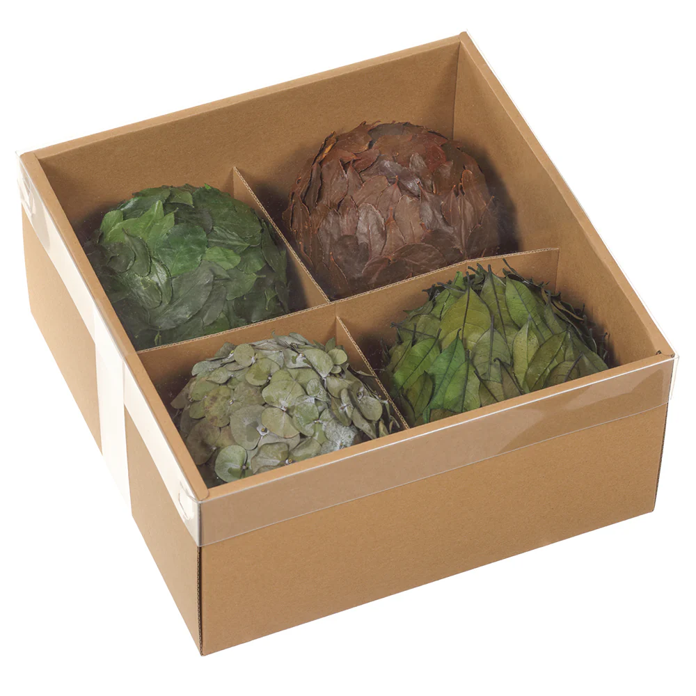 6" Set Of Preserved Topiary Leaf Balls -Green/Brown