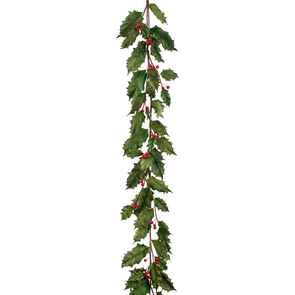 6' Velvet Holly Leaf & Berry Artificial Garland -Green/Red (Pack of 6)