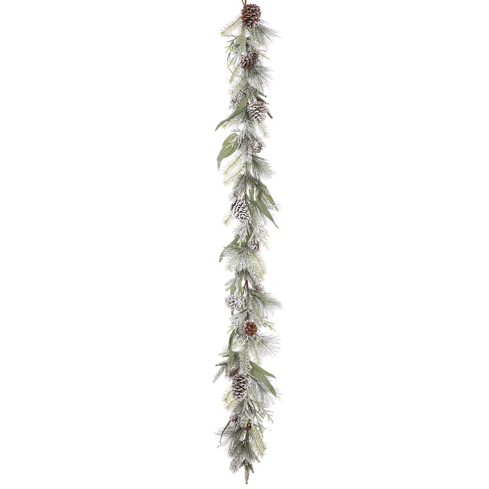 6'2" Flocked Pinecone, Eucalyptus Leaf & Pine Artificial Garland -White/Green (Pack of 2)