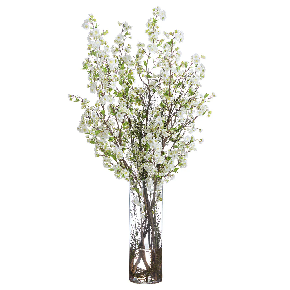 65"Hx32"W Cherry Blossom Silk Flower Arrangement w/Glass Vase -White