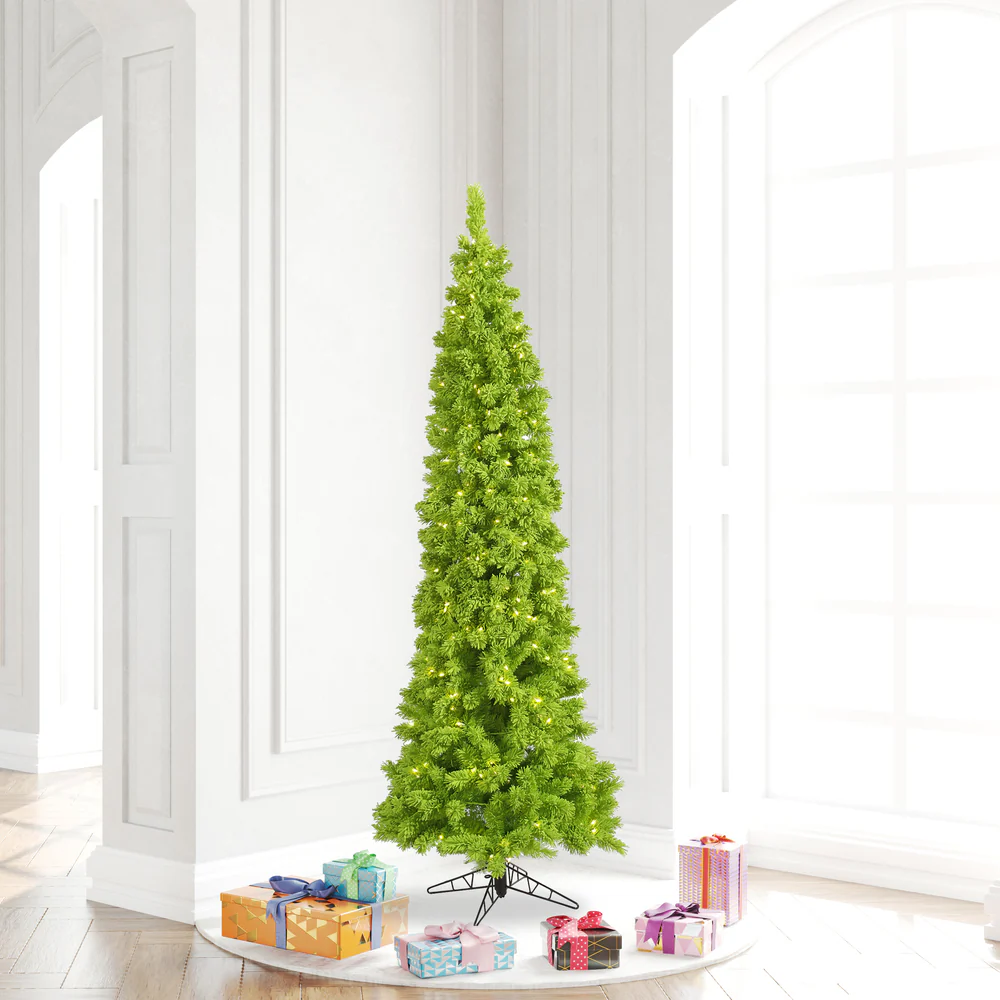6'6"Hx27"W Flocked Pencil Fir Artificial Christmas Tree, LED Pre-Lit (Lime) -Lime - Image 3