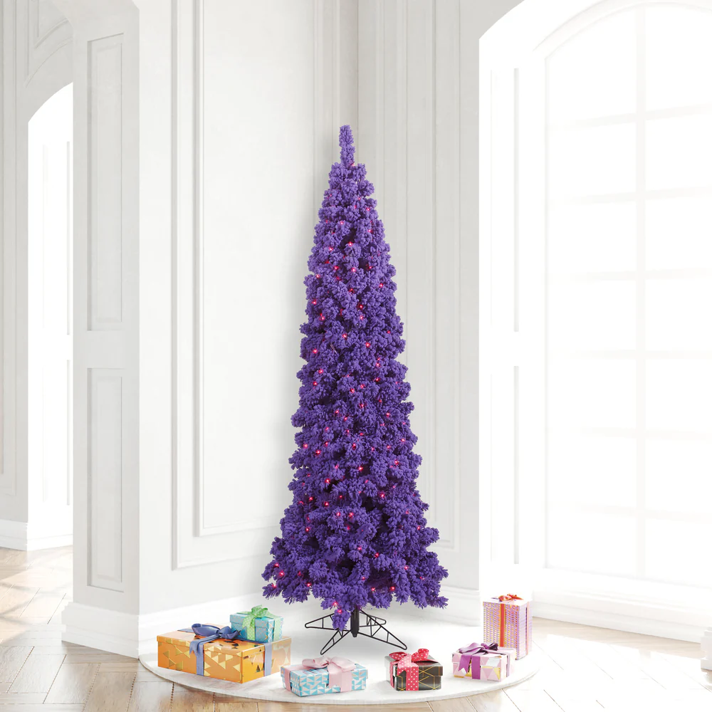 6'6"Hx27"W Flocked Pencil Fir Artificial Christmas Tree, LED Pre-Lit (Purple) -Purple - Image 2