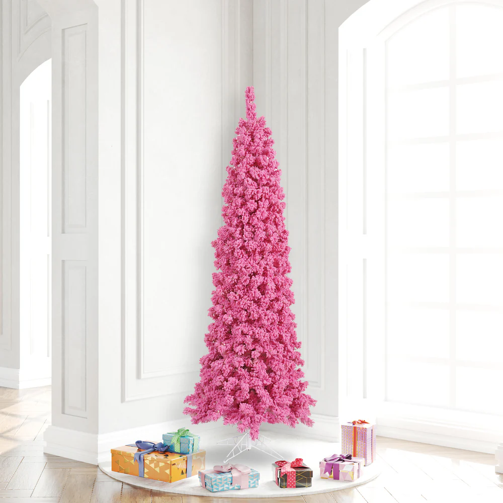 6'6"Hx27"W Flocked Pencil Fir Artificial Christmas Tree, Unlit -Pink - Image 4