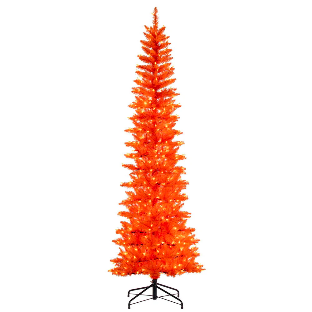 6'6"Hx28"W Pencil Artificial Christmas Tree, LED Pre-Lit (Orange) -Orange