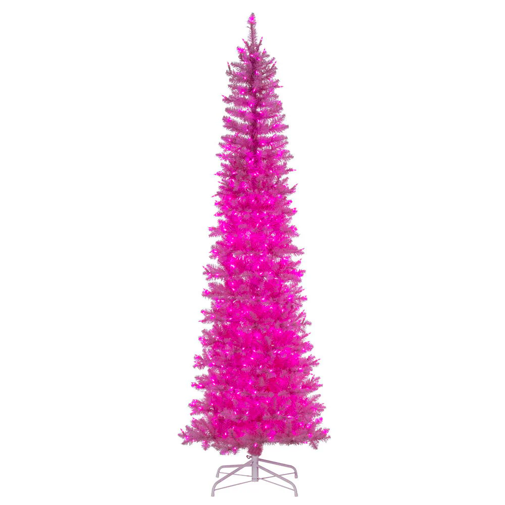 6'6"Hx28"W Pencil Artificial Christmas Tree, LED Pre-Lit (Pink) -Pink