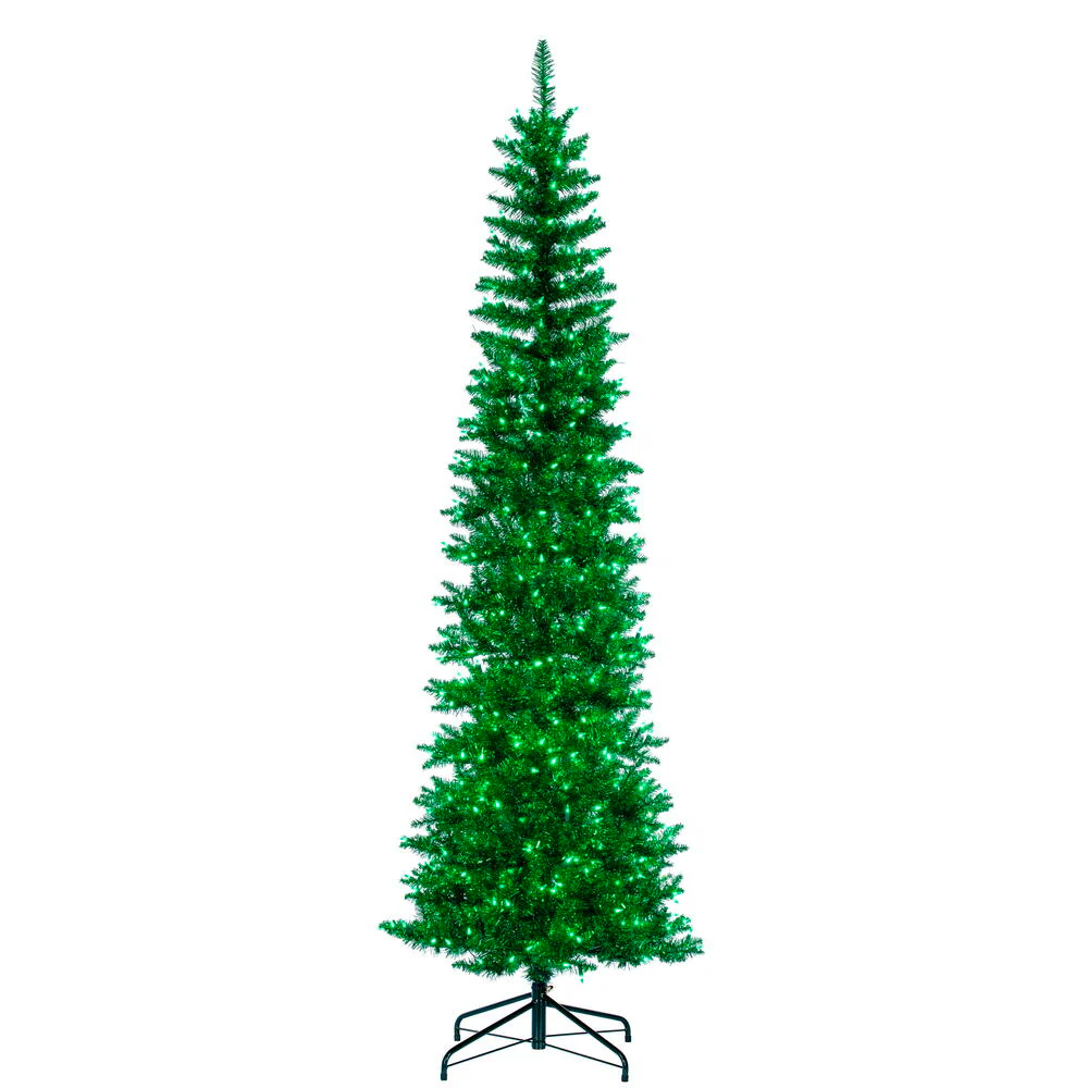 6'6"Hx28"W Tinsel Pencil Artificial Christmas Tree, LED Pre-Lit (Green) -Green