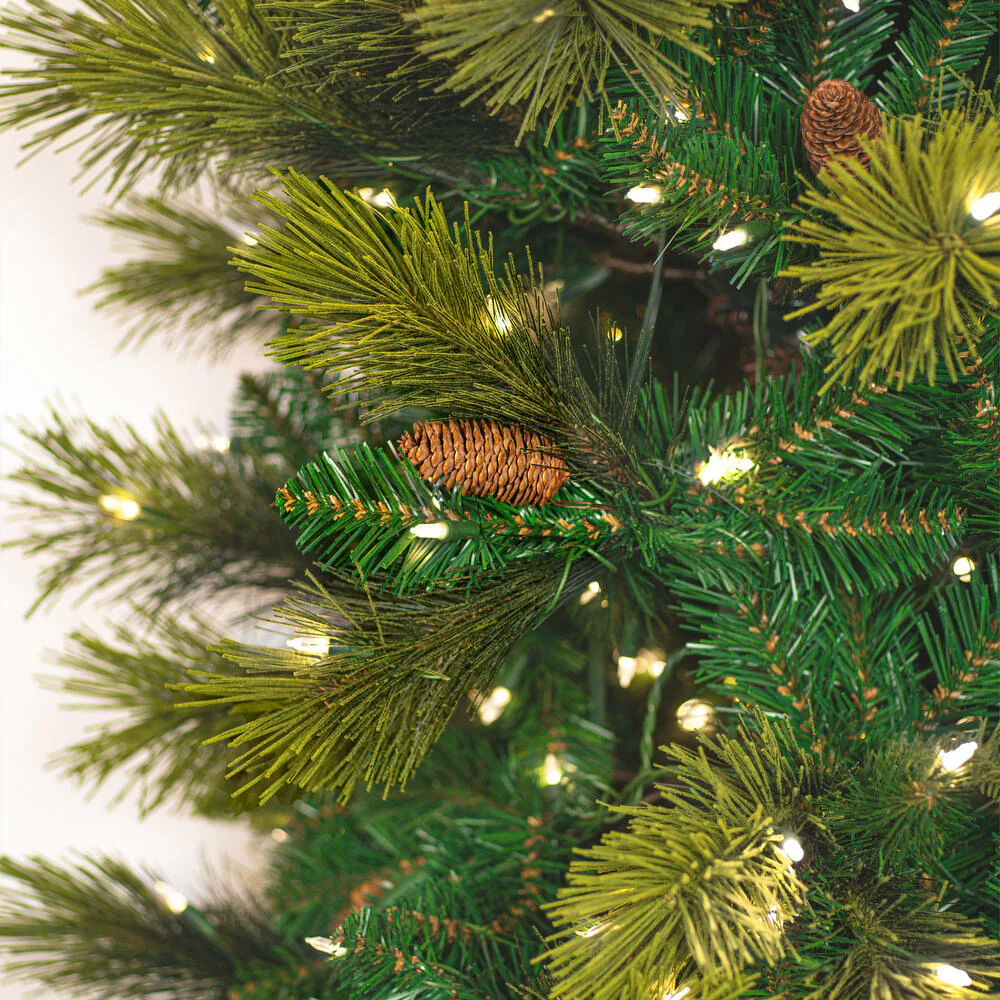 6'6"Hx30"W PE Slim Emerald Mixed Fir & Pinecone Artificial Christmas Tree, LED Pre-Lit -Green/Brown - Image 2
