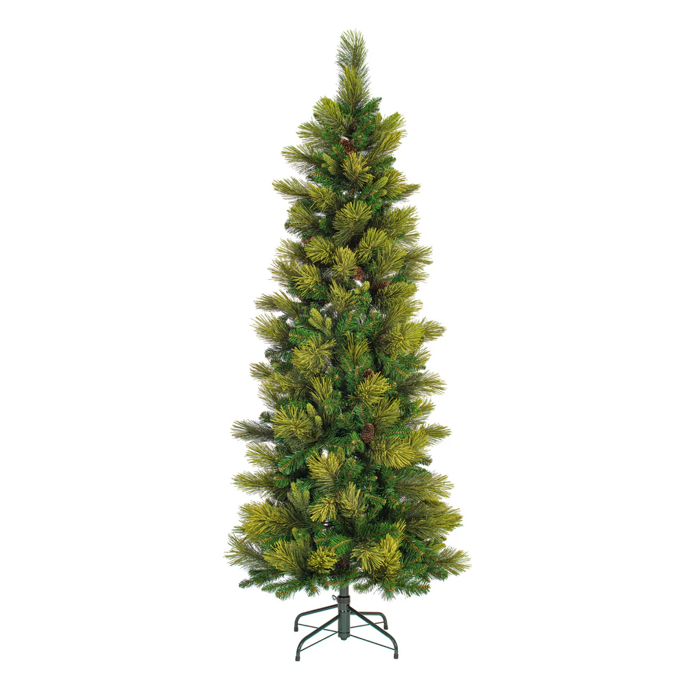 6'6"Hx30"W PE Slim Emerald Mixed Fir & Pinecone Artificial Christmas Tree, Unlit -Green/Brown