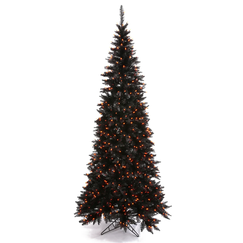 6'6"Hx34"W Slim Fir Artificial Christmas Tree, LED Pre-Lit (Orange) -Black