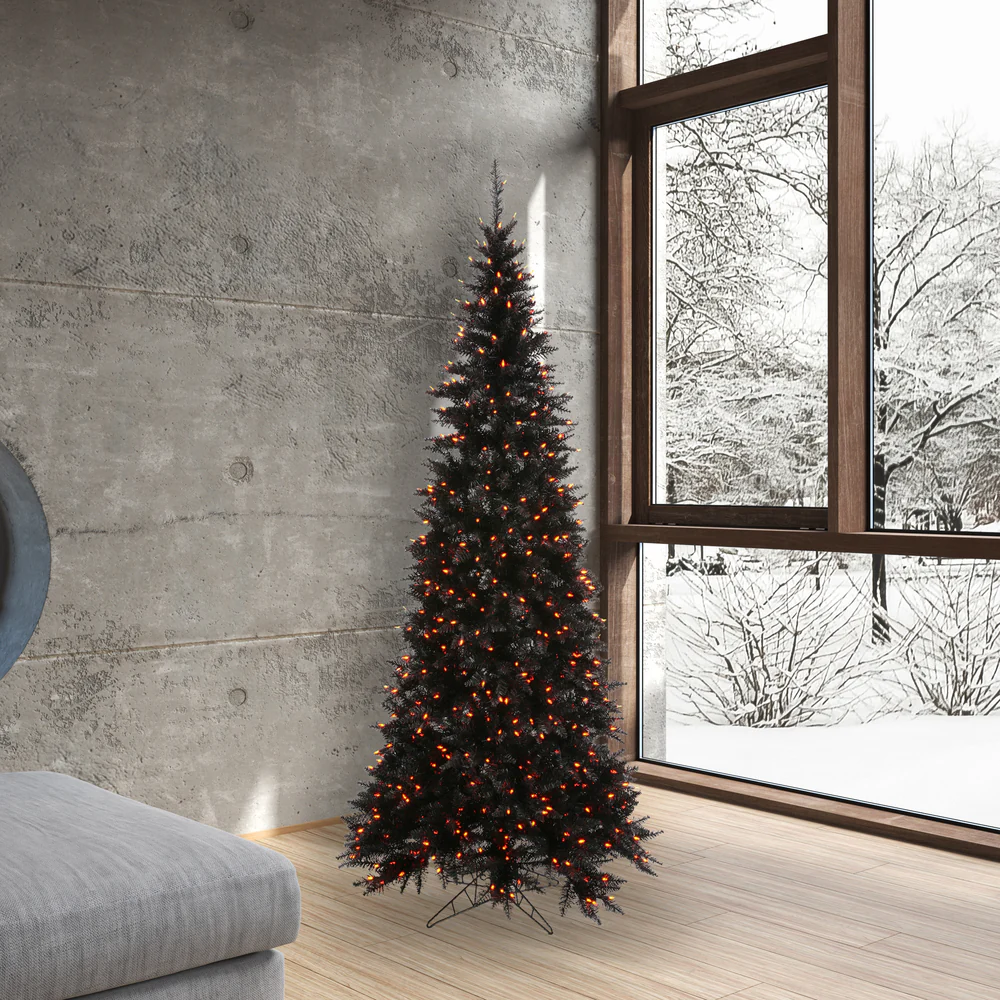 6'6"Hx34"W Slim Fir Artificial Christmas Tree, LED Pre-Lit (Orange) -Black - Image 3