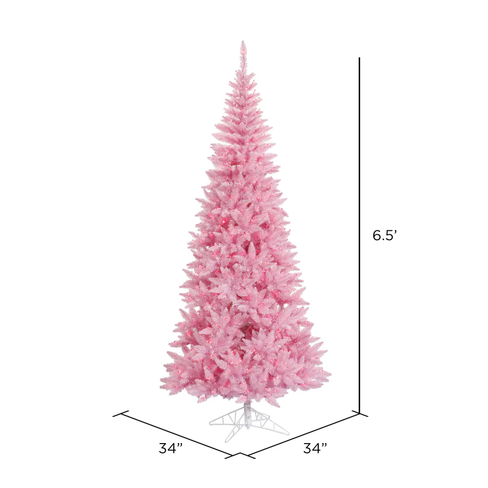 6'6"Hx34"W Slim Fir Artificial Christmas Tree, LED Pre-Lit (Pink) -Pink - Image 2